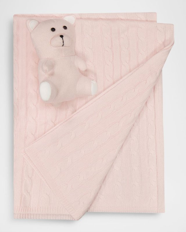 Pure Cashmere Cable Baby Blanket and Teddy Bear Set
